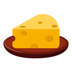 Cheese on wooden plate. Cheese on white background. Cheese piece flat icon. Vector illustration.