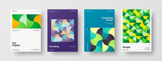 Naklejka premium Company identity brochure template collection. Business presentation vector A4 vertical orientation front page mock up set. Corporate report cover abstract geometric illustration design layout bundle.