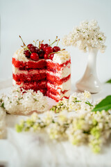 Slised red berry cake decorated with cherry berries and white cream, among lilac flowers and green leaves. Food photography. Advertising and commercial design.