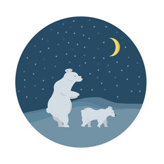 Mama polar bear with baby under night sky and moon in Antarctic North Pole. Vector illustration for kids room, nursery