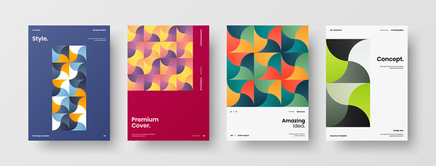 Fototapeta premium Company identity brochure template collection. Business presentation vector A4 vertical orientation front page mock up set. Corporate report cover abstract geometric illustration design layout bundle.