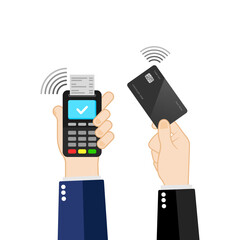 Hand holds credit card. Payment icon via POS terminal NFC technology. Contactless card payment systems on isolated background. EPS 10 vector.
