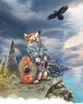 Detailed illustration of corgi the dog on the sea cliff. It wearing a traditional viking clothing and holding a battle axe. The background sky photo has taken from my archive.