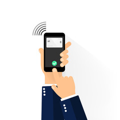 Hand holds phone with credit card. Payment icon via NFC technology. Contactless card payment systems on isolated background. hopping Online with Smartphone. EPS 10 vector.