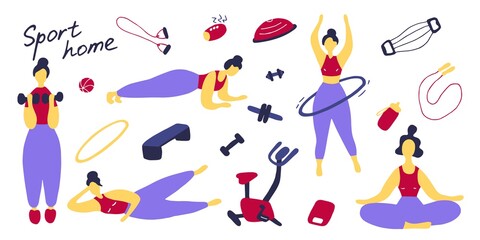 Sport set. Icons of sports equipment and training people. Workout at home, sport exercises at home. Flat vector graphic
