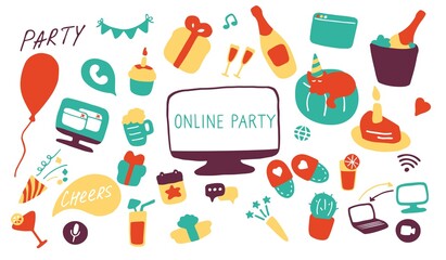 Online party icon set. Doodle celebration signs. Hand drawn flat vector illustration