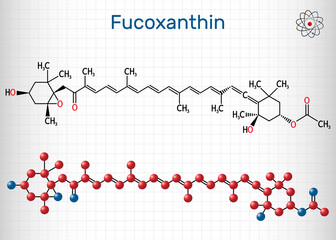 Fucoxanthin, C42H58O6, xanthophyll molecule. It has anticancer, anti-diabetic, anti-oxidative, neuroprotective properties. Structural chemical formula and molecule model. Sheet of paper in a cage