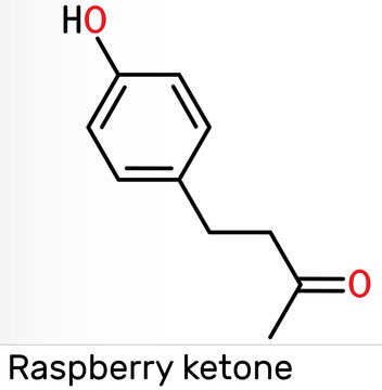 Raspberry ketone, frambinone, rheosmin , C10H12O2 molecule. It is natural phenolic compound and food additive. Skeletal chemical formula