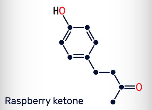 Raspberry ketone, frambinone, rheosmin , C10H12O2 molecule. It is natural phenolic compound and food additive. Skeletal chemical formula