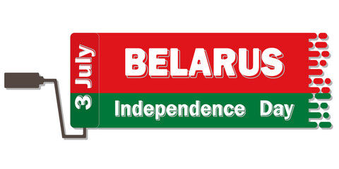 Belarus Independence Day is annually celebrated on July 3, poster with a congratulation in red-green colors of the flag paint mark after a construction roll. All elements are isolated.
