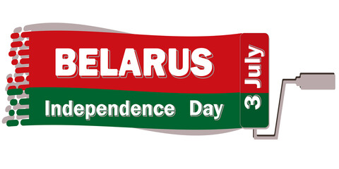 Belarus Independence Day is annually celebrated on July 3, poster with a congratulation in red-green colors of the flag paint mark after a construction roll. All elements are isolated.