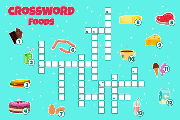 Crossword with foods. Vector education game for children. Mini-game for children. Crossword for kids.