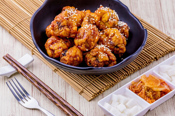 Fried chicken with kimchi korean food