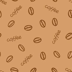 Hand drawing vector seamless pattern of a group of coffee beans with lettering Coffee is on a brown background