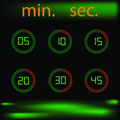 Set of icons. Stopwatch timer or digital countdown with vector minutes and seconds on display. Black and green background.