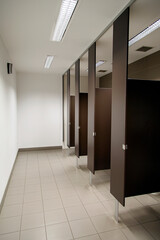 Ladies public bathroom with cubicles. No people and in a vertical format.
