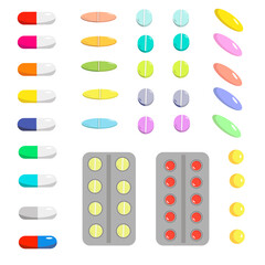 Pills and tablets. Collection of drugs and supplements. Health care medicines in various forms set vector illustration.