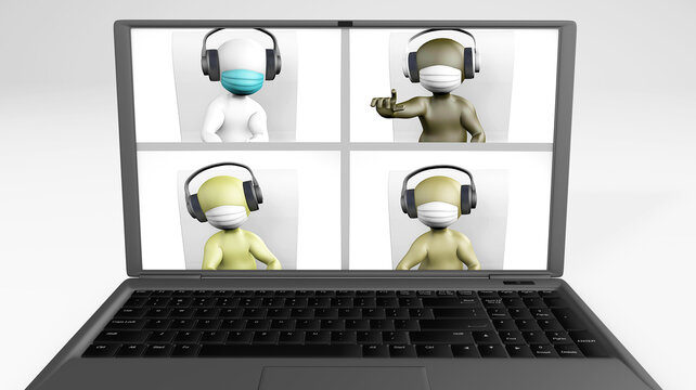 Video Call Diverse Team with Masks 3d rendering