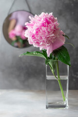 colorful pink peony in a vase on the table and reflection of a girl with a bouquet in the mirror. Home interior with decor elements. dark background. vertical image.