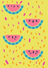 Pink orang purple watermelons pattern. Pattern background with watercolor watermelon slices.