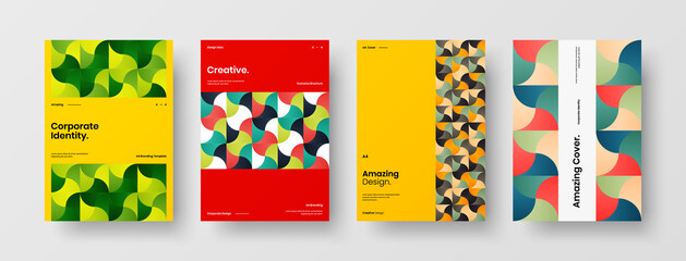 Fototapeta premium Company identity brochure template collection. Business presentation vector A4 vertical orientation front page mock up set. Corporate report cover abstract geometric illustration design layout bundle.