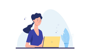 Illustration of a woman sitting at the table and working remotely or as freelancer, studying at home. Flat vector design for banner, flyer or landing page.