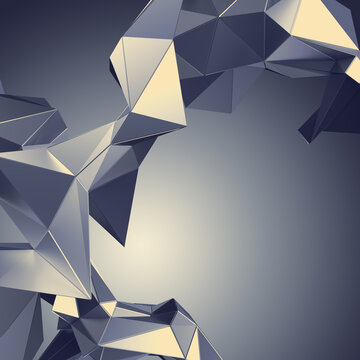 3d render, digital illustration, abstract futuristic background, geometric polygonal shapes, silver crystals, faceted metallic surface
