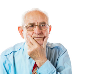Portrait of 90 year serious handsome senior man holding his chin portrait isolated on white...