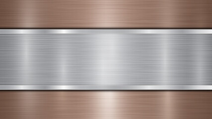 Background consisting of a bronze shiny metallic surface and one horizontal polished silver plate located centrally, with a metal texture, glares and burnished edges