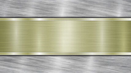 Background consisting of a silver shiny metallic surface and one horizontal polished golden plate located centrally, with a metal texture, glares and burnished edges