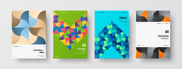 Naklejka premium Company identity brochure template collection. Business presentation vector A4 vertical orientation front page mock up set. Corporate report cover abstract geometric illustration design layout bundle.