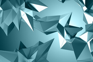 3d render, digital illustration, abstract faceted metallic background, geometric wallpaper, blue crystals