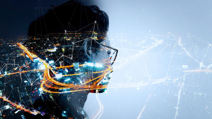 Double exposure of Asian woman silhouette and modern renewable city skyline background.Energy Digitalization concept.