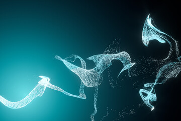 Glowing motion particles with gradient green background, 3d rendering.