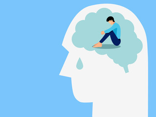 Mental health, illness ,brain development ,medical treatment  concept, sad and unhappy man sitting in a brain of human head with tears drop, vector illustration