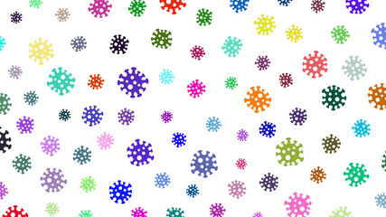 Background with symbols of virus, multicolored on white. Illustration on the coronavirus pandemic.