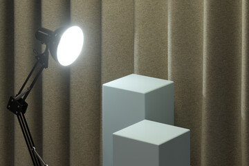 Empty still life podium with fabric curtain background, 3d rendering.
