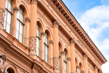 Fototapeta na wymiar Riga, Latvia - September, 2019: The Riga Stock Exchange building in sunny day, facade of building in art nouveau style.