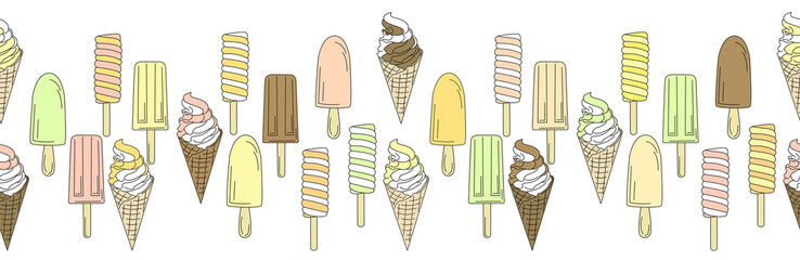 Seamless pattern with sweet ice cream on a white Background. Border with delicious frozen refreshing summer desserts. Flat cartoon drawn illustration for wrapping paper, textile printing.
