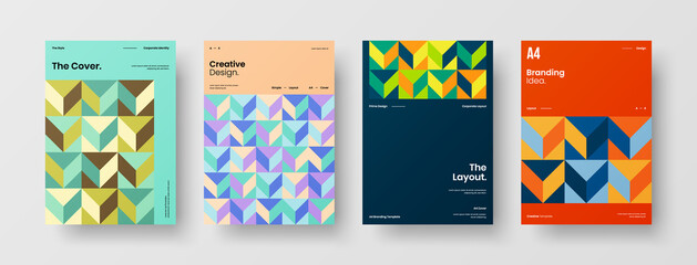 Fototapeta premium Company identity brochure template collection. Business presentation vector A4 vertical orientation front page mock up set. Corporate report cover abstract geometric illustration design layout bundle.