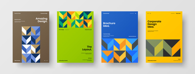 Fototapeta premium Company identity brochure template collection. Business presentation vector A4 vertical orientation front page mock up set. Corporate report cover abstract geometric illustration design layout bundle.