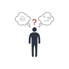 person before a choice. work or rest. job VS holiday. vector concept symbol