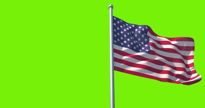 USA flag on flagpole on green background. American Flag in Slow Motion. United States flag waving in wind. Great for History, presentation with texts and corporate projects.