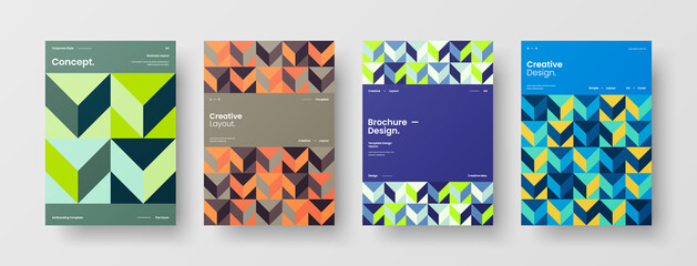 Fototapeta premium Company identity brochure template collection. Business presentation vector A4 vertical orientation front page mock up set. Corporate report cover abstract geometric illustration design layout bundle.