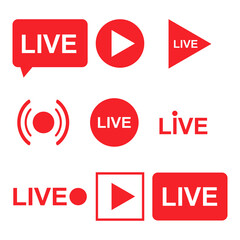 Set of live streaming icons. Red symbols and buttons of live streaming, broadcasting, online stream isolated on white background. Vector illustration.