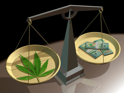 American Dollars On Mechanical Scales Against Cannabis. 3D Rendering.