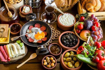 Traditional Turkish Village Breakfast with egg pan,fresh fruits and vegetables on wooden table.