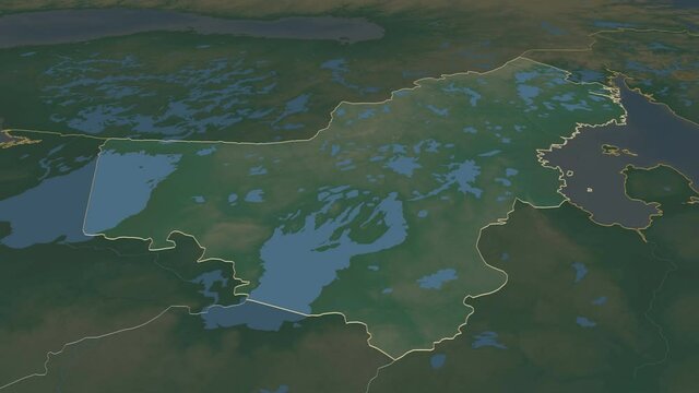 Karelia, republic with its capital, zoomed and extruded on the relief map of Russia in the conformal Stereographic projection. Animation 3D