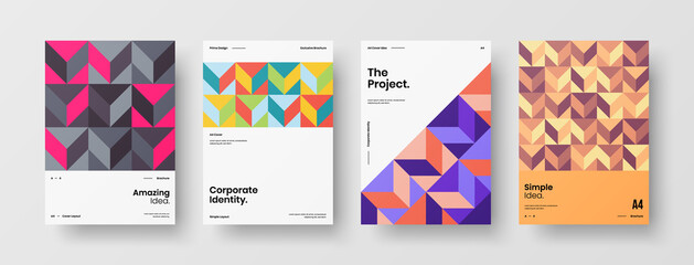 Company identity brochure template collection. Business presentation vector A4 vertical orientation front page mock up set. Corporate report cover abstract geometric illustration design layout bundle.