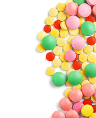 pile of medical pills on white background with place for text. Pattern for design.